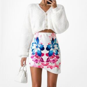 Vintage Y2K 90s White Blue Pink Knit Floral Mini Bodycon High Waisted Skirt XS